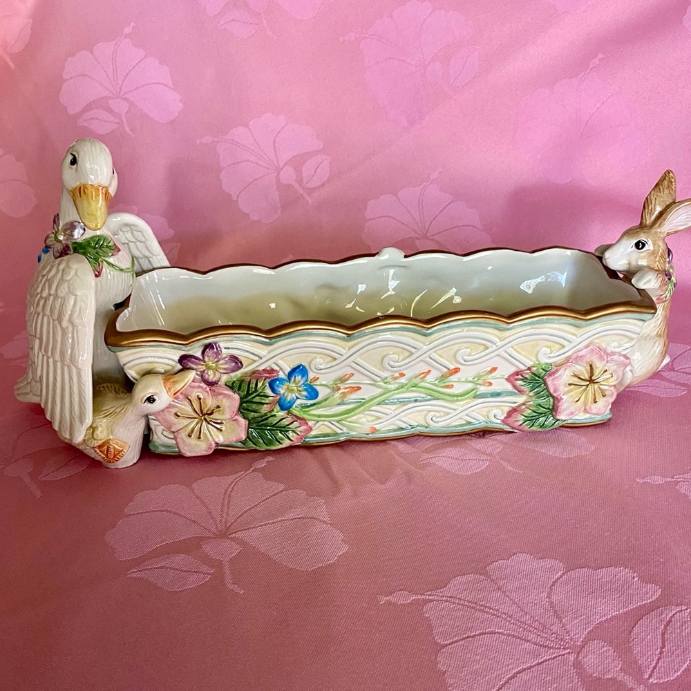 Fitz and Floyd Garden Rhapsody Bunny Rabbit & Duck Serving Dish/Cradle